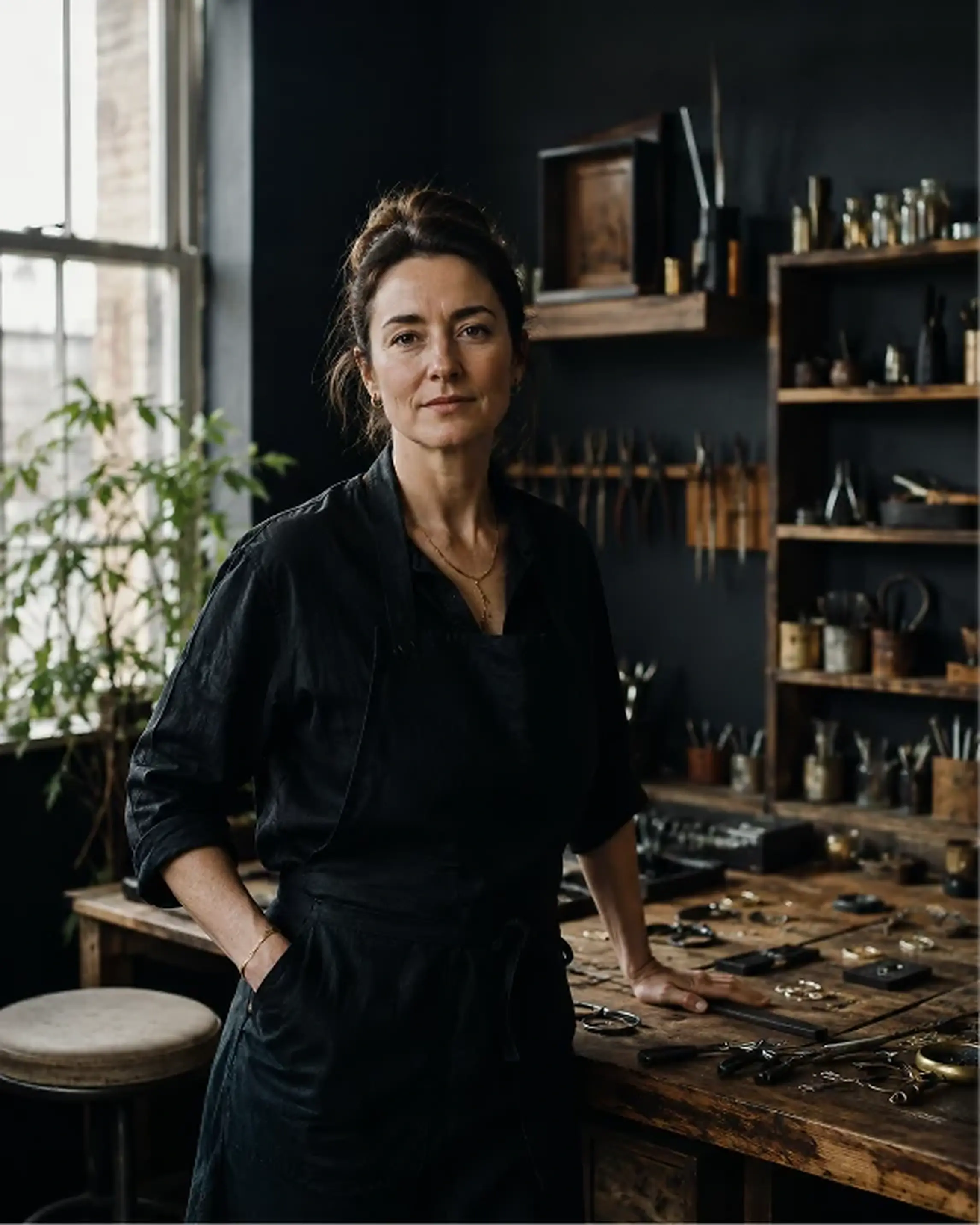 Environmental portrait of a jewellery maker in her workshop
